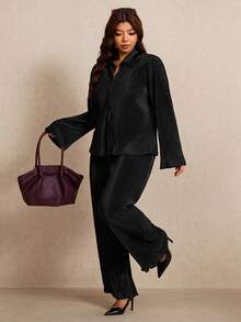 Elaquor Plus Size Women's Solid Color Long Sleeve Shirt And Wide Leg Pants Casual 2 Pieces Set Fall - Black - View 1