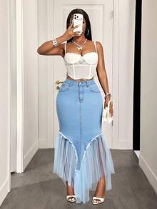 Slaydiva Women's Elegant Denim Skirt With Pocket, Mesh Patchwork And Fishtail Hem - Blue - View 5