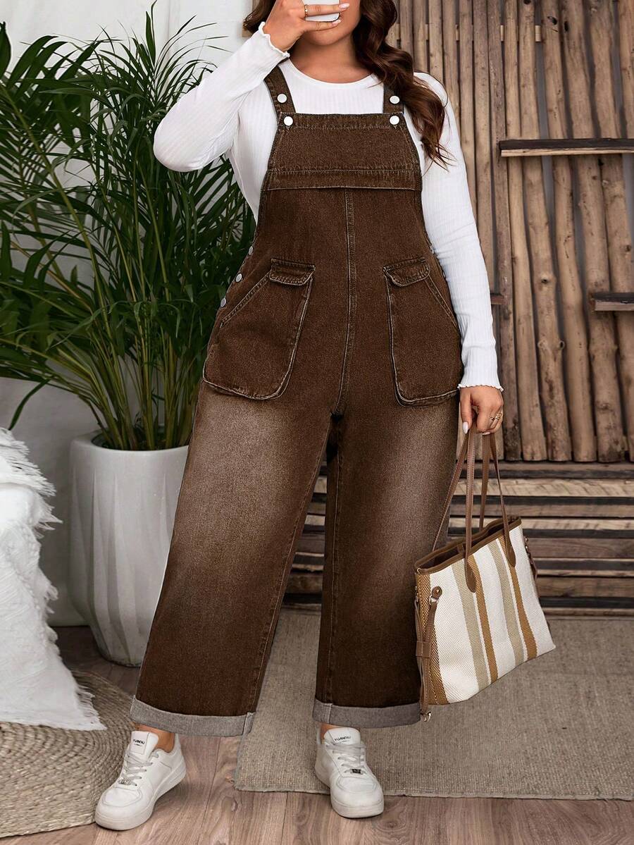 EMERY ROSE Overoles de mezclilla casuales para mujer de talla grande con bolsillos para uso diario - Marrón - Ver 1