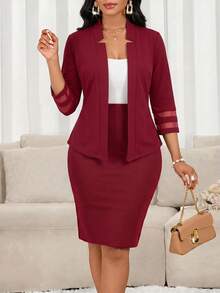 SHEIN Lady Setelan Jas Kasual Elegan Wanita Ukuran Besar Warna Polos Lengan Panjang dengan Bukaan Depan, Jaket dan Rok, untuk Kantor, Bisnis, Formal, Warna Merah, Musim Panas - Merah - View 6