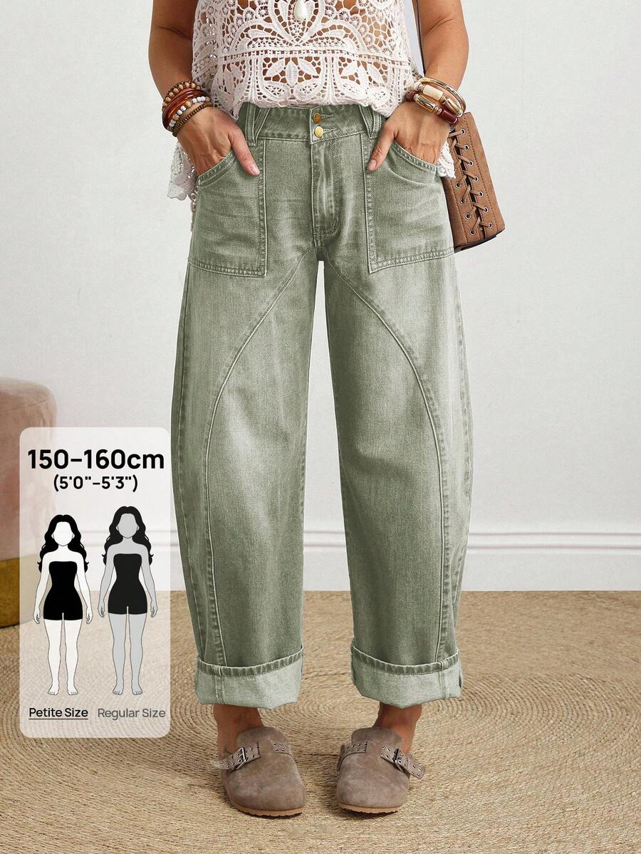 SHEIN PETITE 女士休闲日常口袋纽扣牛仔裤 - 綠色 - 查看 1