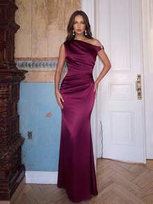 Aloruh Elegant Burgundy Metallic Glitter Satin Patchwork Asymmetric Shoulder Buckle Decor Fishtail Dress, Suitable For Weddings, Formal Events, Bridesmaid - Purple - View 4