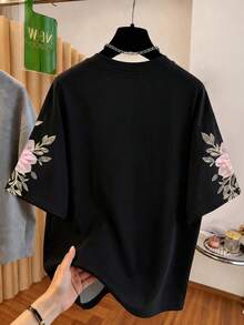 Franclia Faux Flower & Pearl Print Women Short Sleeve Casual T-Shirt - Multicolor - View 2