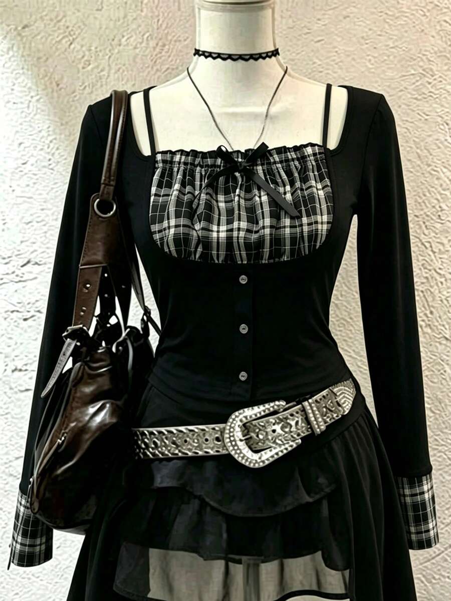 FRIFUL Women's Halter Neck Plaid Fabric Patchwork Puff Short Sleeve Fitted Waist Button Decor Sweet Goth Spicy Summer T-Shirt Tops Halloween Everyday Daytime - Black - View 1