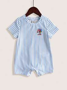 LOONEY TUNES X SHEIN Baby Boy Striped Letter Cartoon Print Casual Daily Short Sleeve Romper - Multicolor - View 2