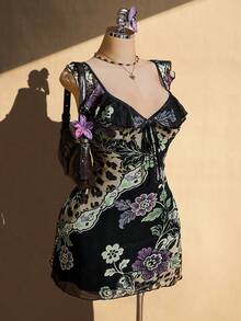SHEIN ICON Women's Plus Size Floral Print Patchwork Ruffle Hem Front Tie Dress For Vacation - Multicolor - View 4