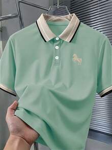 Calvornis 男士珠飾羅紋領刺繡短袖休閒 Polo 衫 - 綠色 - 查看 1