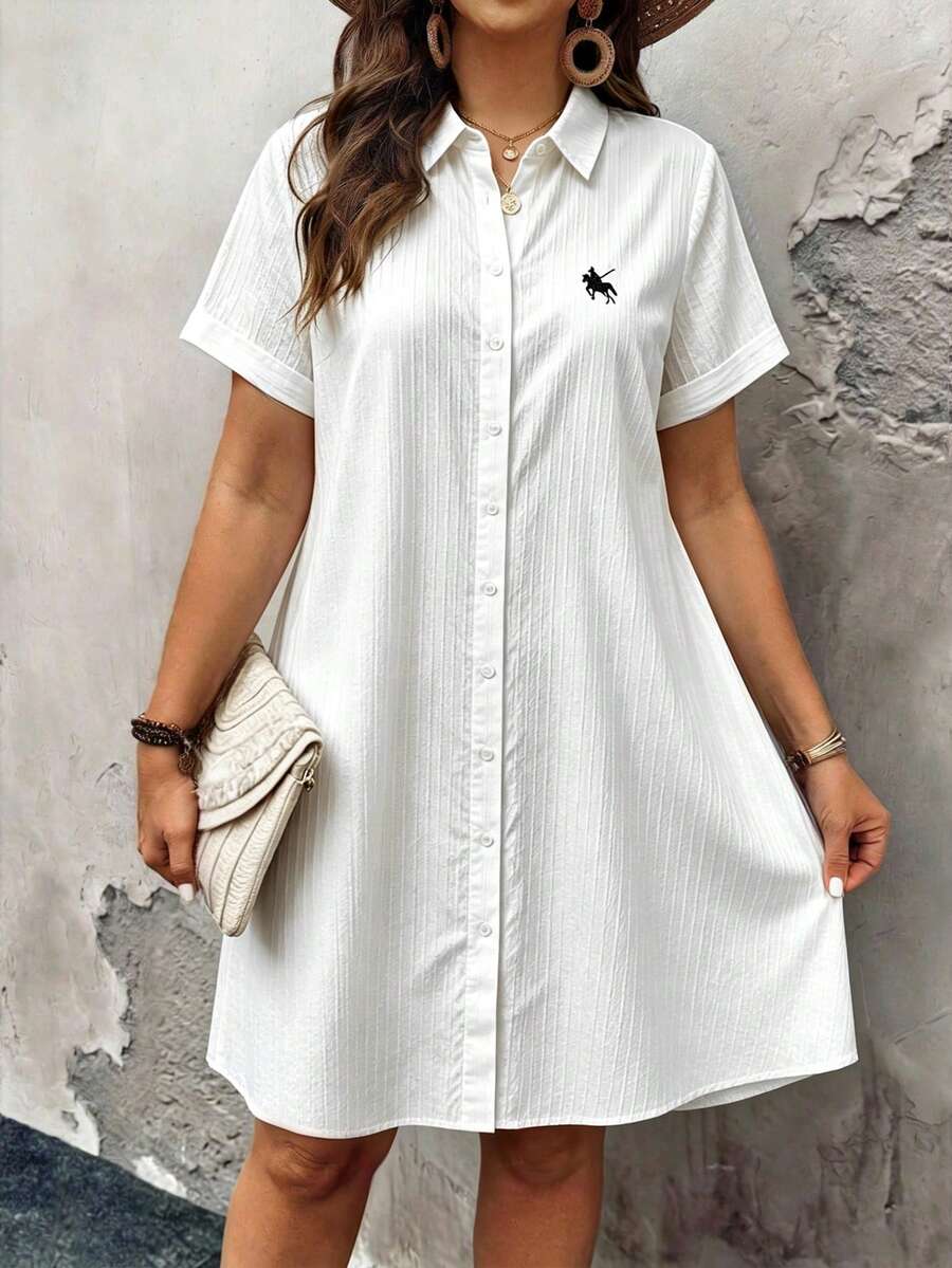 SHEIN LUNE Elegant Commuter Solid Color Textured Fabric Heart Embroidery Short Sleeve Button-Down Collared Shirt Dress, Plus Size Women's Long Casual Spring/Summer Shirt Dress - White - View 1