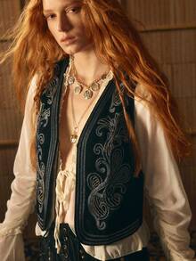 MOTF STUDIO WOMEN'S FLORAL EMBROIDERED SEQUIN DECORATED TASSEL FRONT TIE VEST - Black - View 2