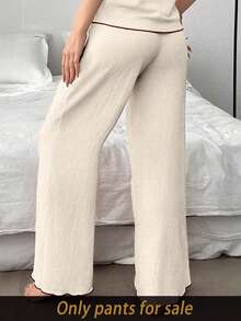 SHEIN 撞色滚边提花针织女式休闲裤 - 米色 - 查看 5