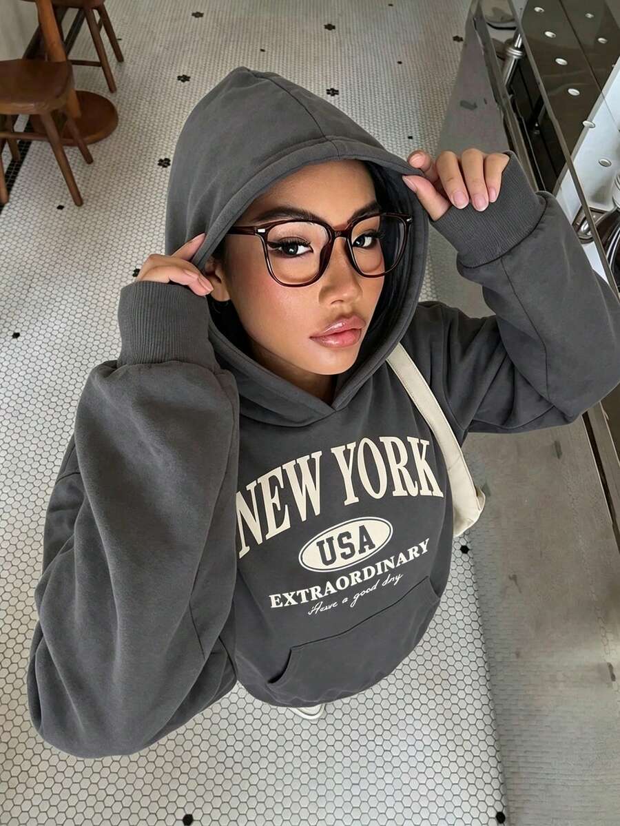 青少年女孩休閒極簡長袖連帽寬鬆加厚衛衣,適合秋冬穿著 - 深灰色 - 查看 1
