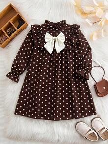 Emery Rose Kids Emery Rose Kids 女童可愛度假休閒杏色花卉圖案蝴蝶結長袖寬鬆洋裝，秋季花卉洋裝 - 卡其色 - 查看 5