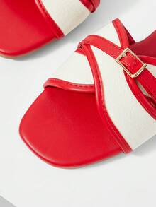 MOTF LADIES SWEET COLOUR MATCHING BUCKLE RED FLAT SANDALS - Red - View 9