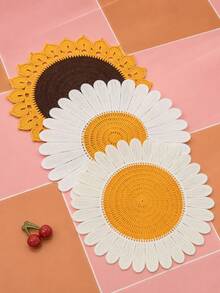 Zazumi 1PC Flower & Sunflower Shaped Table Mat, Imitate Hand Crochet Knitted Design Made Of Soft Milk Silk Fabric, Delicate Floral Hollow Embroidery Pattern, Heat Resistant, Anti-Slip, Stain Resistant And Easy To Clean Decorative Doily Table Runner - Multicolor - View 2