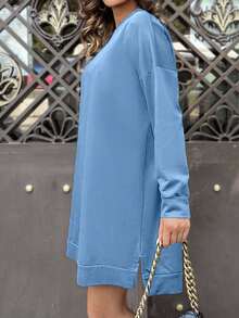 EURMUSE Cotton Solid Drop Shoulder Split Hem Sweatshirt Dress - Baby Blue - View 3