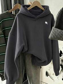 SHEIN 青少年女孩刺繡寬鬆衛衣，舒適厚實柔軟保暖連帽秋季上衣，開學季穿搭 - 深灰色 - 查看 3
