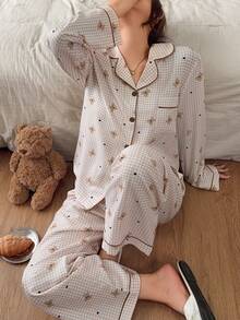 Napfluff Bubble Crinkle Plaid Bear Print Cardigan Collar Pajama Set - Khaki - View 7