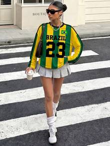 Muchica 世界盃女款休閒街頭運動風寬鬆運動上衣，圓領巴西國旗配色綠色條紋旅行款 - 彩色 - 查看 6