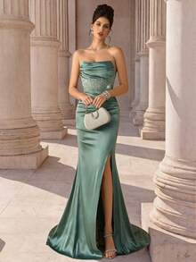 Coutiva Women's Rhinestone Embellished Front Hem Split Formal Evening Gown (Heavy Workmanship Style) - Mint Green - View 5