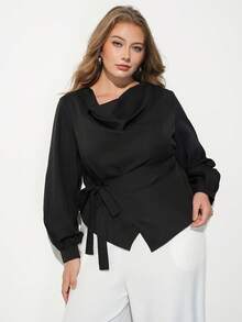 Maija Plus Size Elegant Commuter Solid Color Tie Wrap Blouse - Black - View 7