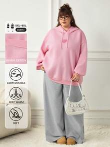 SHEIN CURVE+ 大尺碼女款休閒極簡美式復古字母印花圖案連帽長袖寬鬆衛衣 秋季 - 粉色 - 查看 1
