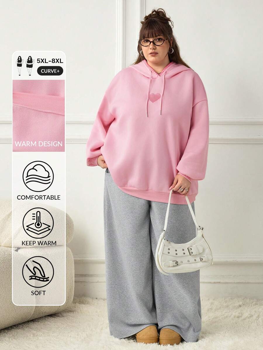 SHEIN CURVE+ 大尺碼女款休閒極簡美式復古字母印花圖案連帽長袖寬鬆衛衣 秋季 - 粉色 - 查看 1