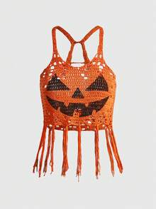 ROMWE Atasan Rajut Wanita Motif Wajah Halloween dan Setan Kecil yang Lusuh - Jeruk - View 1