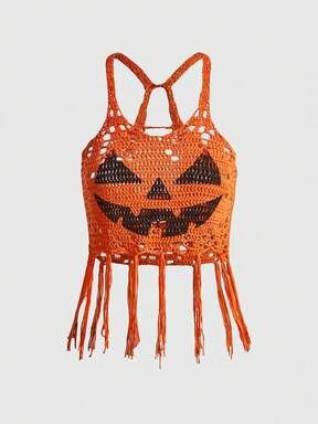 Halloween Pumpkin Face Little Devil Distressed Knit Top For Women