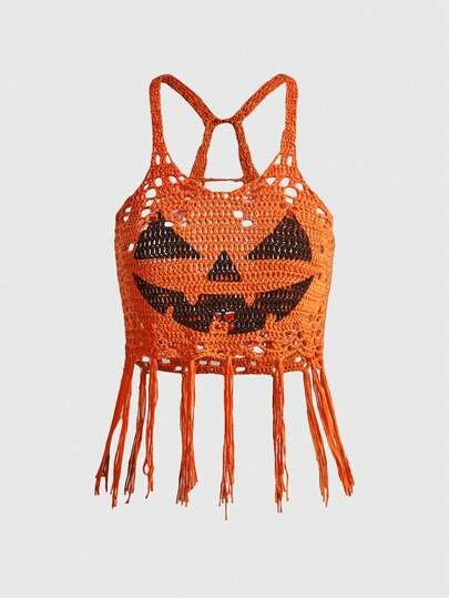 Top de punto desgastado con cara de calabaza de Halloween y pequeño diablo para mujer