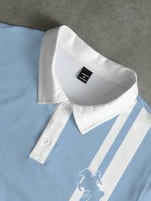Manfinity EMRG Men's Classic Colorblock White & Blue Striped Horse Logo Button Polo Shirt, Summer Essential - Multicolor - View 5