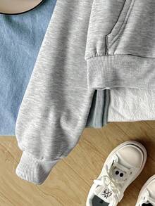 SHEIN LMoss Kids 青少年女孩休閒舒適街頭風寬鬆連帽拉鍊短版夾克運動衫，秋冬返校穿搭 - 淺灰色 - 查看 4