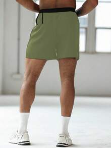 Coreblaze Men's Contrast Color Waistband Side Slit Sports Shorts, Gym - Army Green - View 2