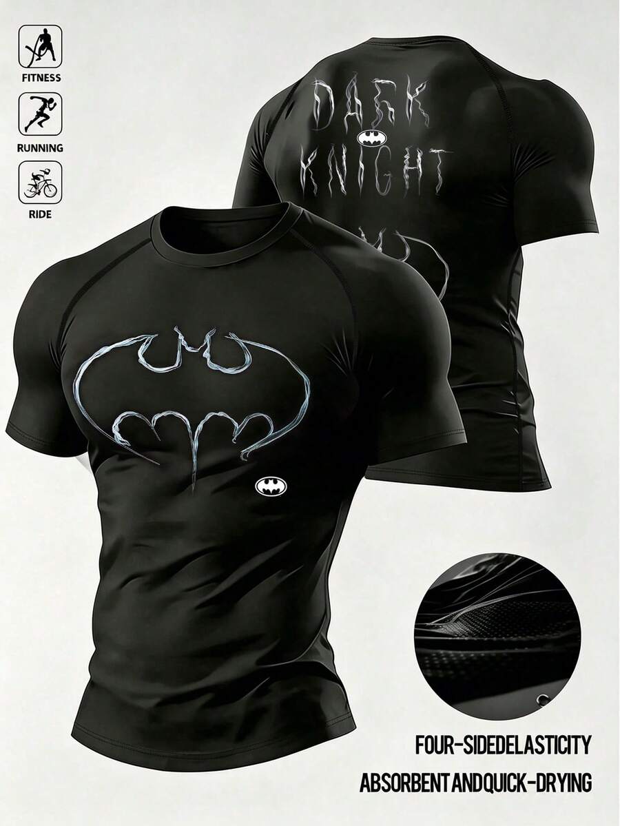 BATMAN X SHEIN 男士字母印花休閒百搭日常旅行運動T恤 - 黑色 - 查看 1
