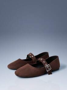 CUCCOO GRLICON Solid Color Buckle Design Round Toe Flat Bottom Elegant Commuter Brown Suede Ladies Flat Bottom Shoes Dating Afternoon Tea Fall Shoes - Brown - View 6