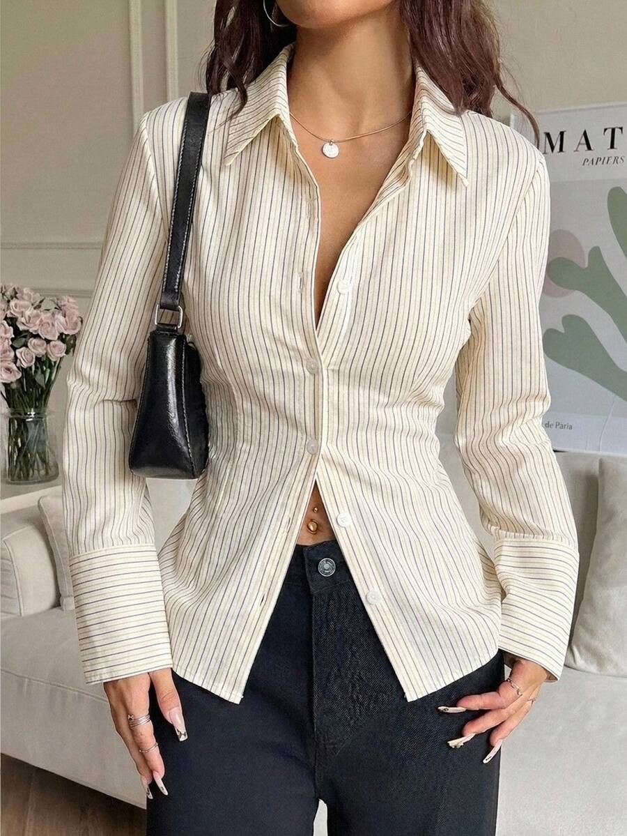 SHEIN EZwear 女款休閒修身長袖襯衫,腰部綁帶設計,條紋襯衫,女款通勤穿搭,女款秋冬服飾 - 彩色 - 查看 1