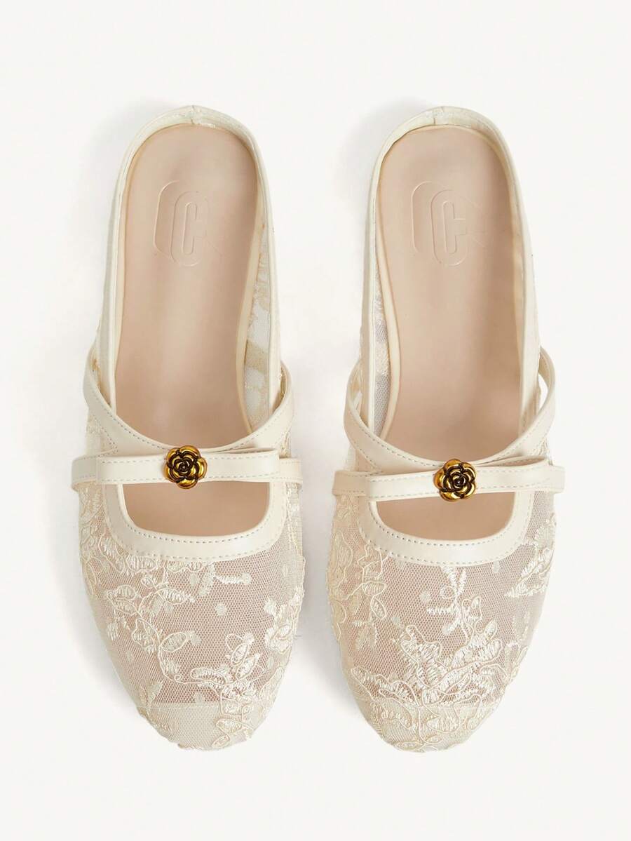 CUCCOO CHICEST Small Round Toe Flat Bottom Apricot Lace Mesh Bow Women's Low Vamp Flat Bottom Shoes Mules Shoes Light, Comfortable, Fashionable - 2025 net No. 3 apricot color - View 1