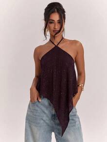 SHEIN BAE 女款性感時尚亮片閃光不對稱下擺掛脖綁帶上衣 - 中紫紅色 - 查看 2