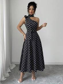 Elenzga Ladies Spring And Summer Elegant And Exquisite Black Polka Dot One-Shoulder Design Three-Dimensional Flower Design Waist Waist Full Swing Dress - Black and White - View 4