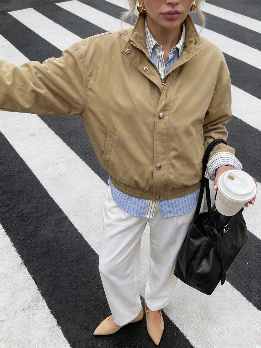 Struktiv Solid Color Khaki Stand Collar Short Jacket For Women, Woven Fabric Front Metal Button Closure Elastic Hem Casual Commute Outerwear - Khaki - View 1