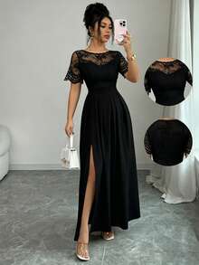SHEIN Elenzya Vestido ajustado de manga corta casual con parches de encaje y abertura para mujer - Negro - Ver 1