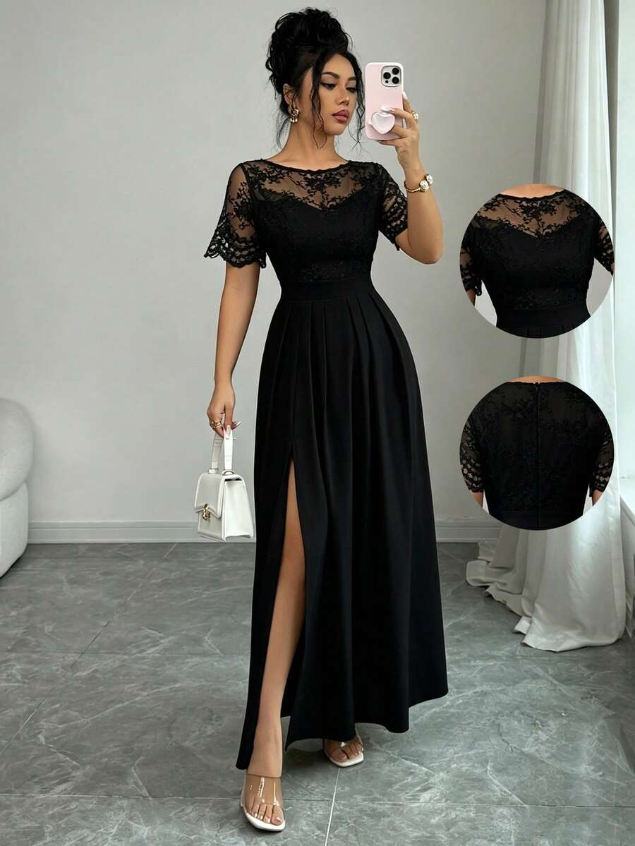 SHEIN Elenzya Vestido ajustado de manga corta casual con parches de encaje y abertura para mujer - Negro - Ver 1