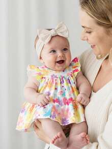 SHEIN Newborn Baby Girl Summer Cute Sleeveless Knit Dress Colorful Ruffled Trim A-Line Doll Silhouette Skirt Soft Stretch Fabric Playful Prints Apparel - Multicolor - View 2