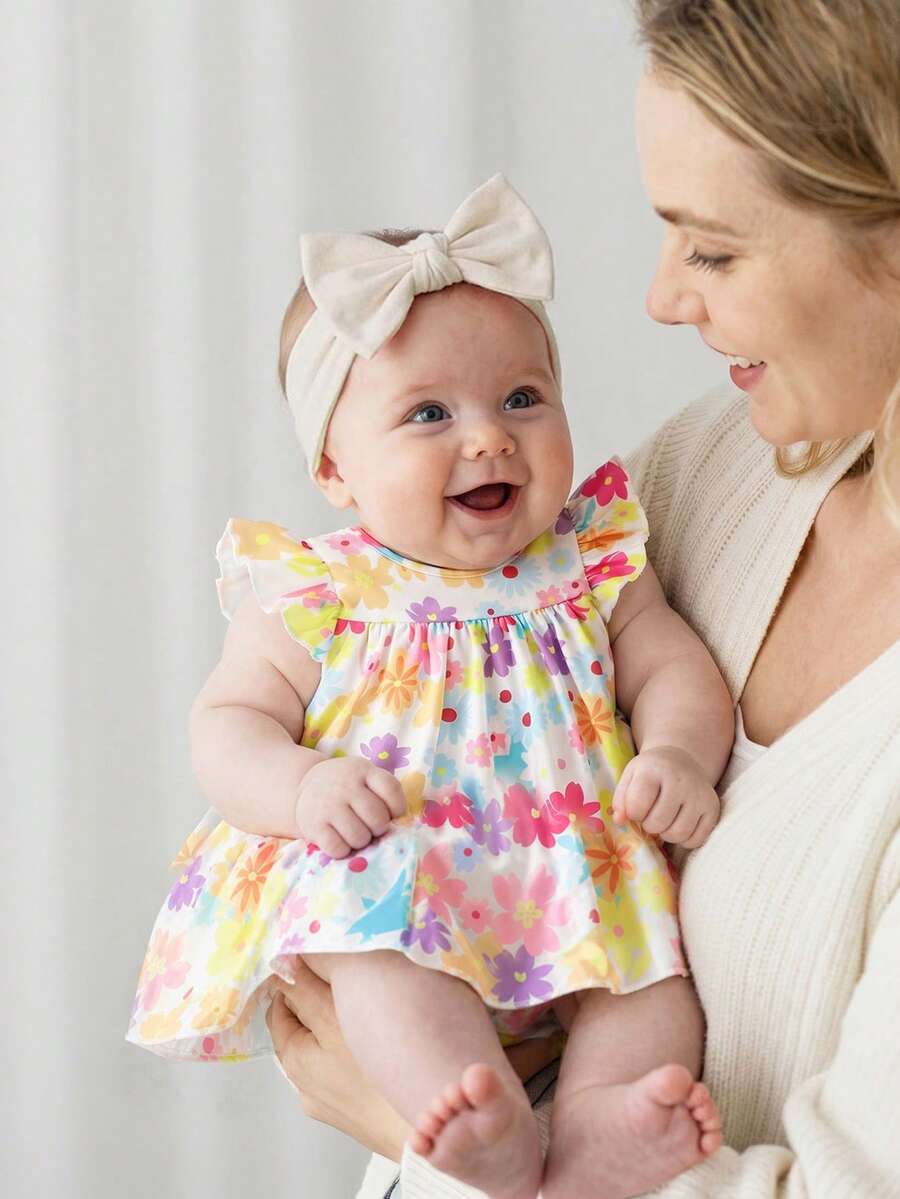 SHEIN Newborn Baby Girl Summer Cute Sleeveless Knit Dress Colorful Ruffled Trim A-Line Doll Silhouette Skirt Soft Stretch Fabric Playful Prints Apparel
