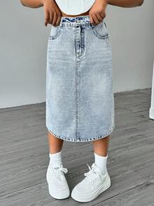 SHEIN Elladie kids 青春期前女孩百搭百搭简约休闲水洗浅蓝色牛仔迷你裙 - 淺色水洗藍 - 查看 2