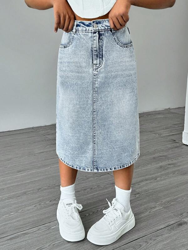 SHEIN Elladie kids 青春期前女孩百搭百搭简约休闲水洗浅蓝色牛仔迷你裙