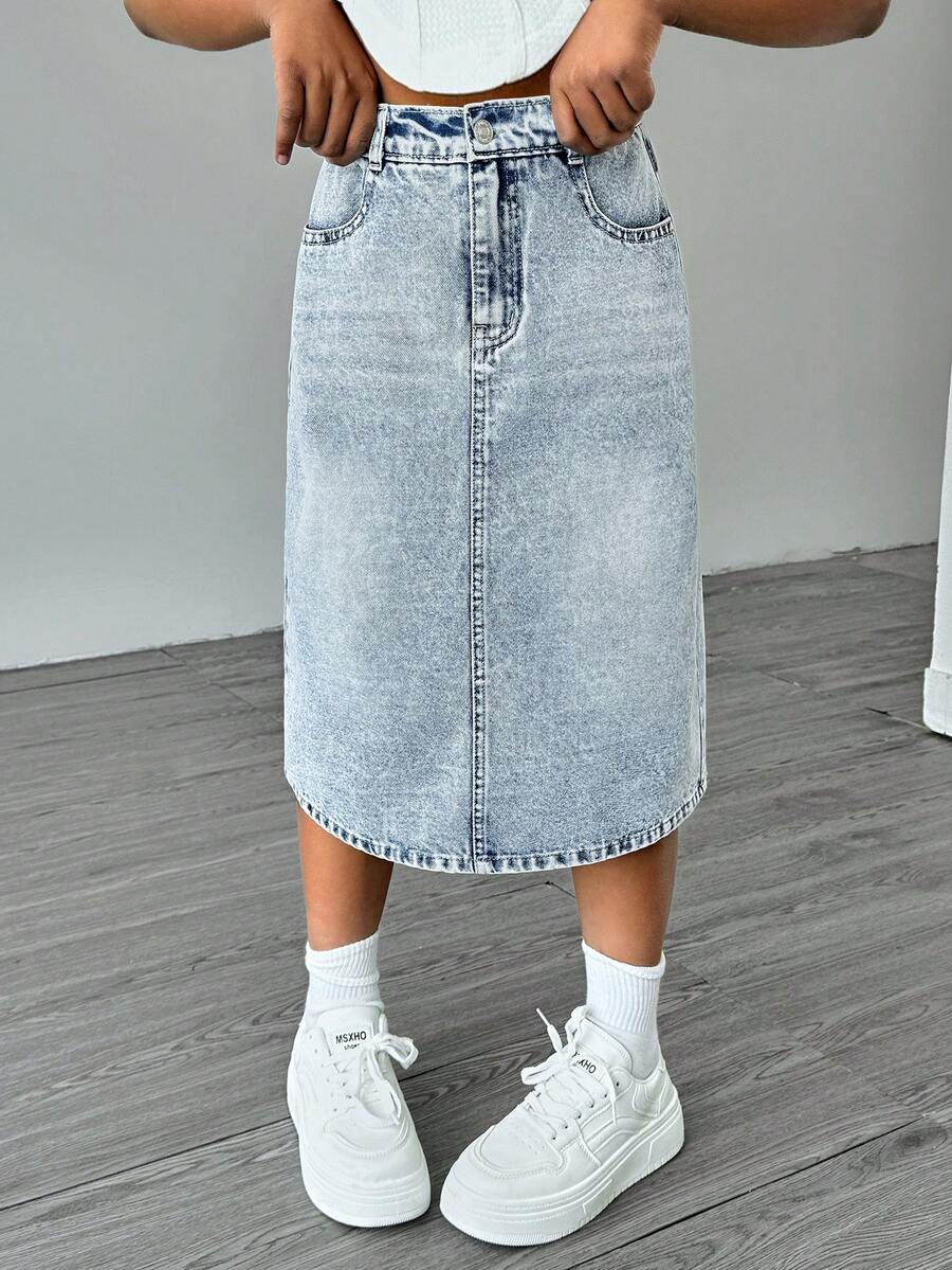 SHEIN Elladie kids 青春期前女孩百搭百搭简约休闲水洗浅蓝色牛仔迷你裙