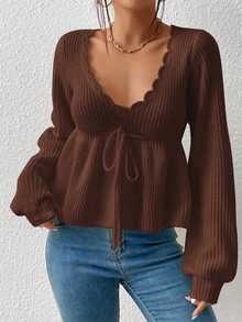 SHEIN Frenchy Plus Size Women Fall Wave V-Neck Off The Shoulder Pullover Sweater, For Winter - Brown - View 6