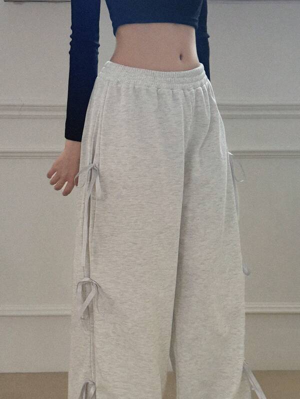 DAZY Bowknot Contrast Color Solid Loose Sports Long Pants Elastic Waist Wide Leg Casual Vacation Girl Spring Autumn Long Pants Women Sweatpants