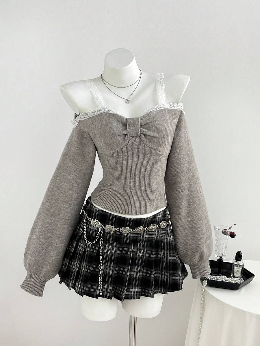 Elamini Women's Lace Patchwork Pleated Fitted Versatile Daily Casual Sweater - Grey - View 1