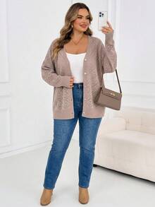 SHEIN CURVE+ 大尺碼女款素色鏤空長袖單排扣針織開襟衫 - 粉色 - 查看 4